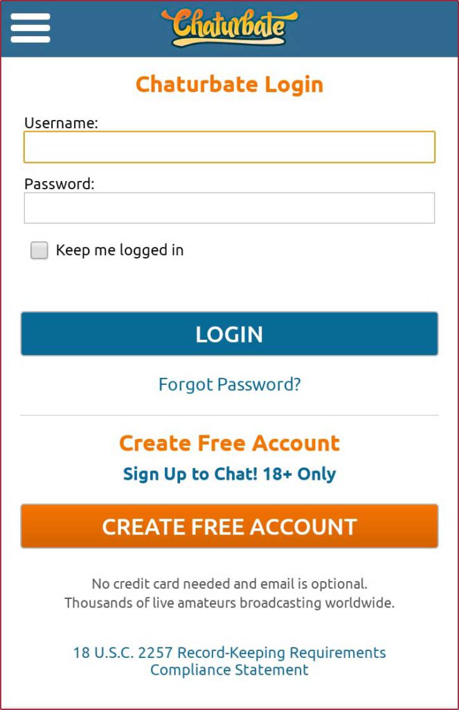 Chaturbate Mobile Login form